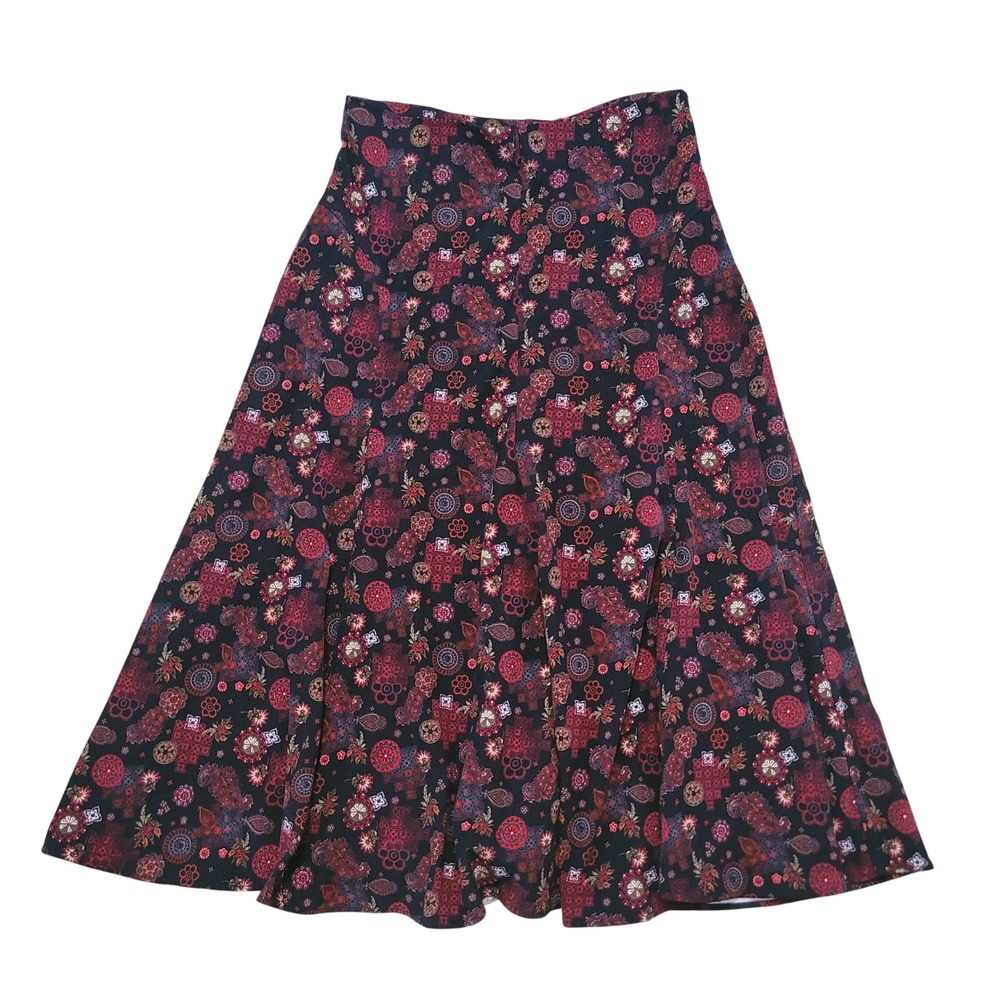 Christopher & Banks Womens 10 Midi Skirt Black Red Paisley‎ Medallion Stretch